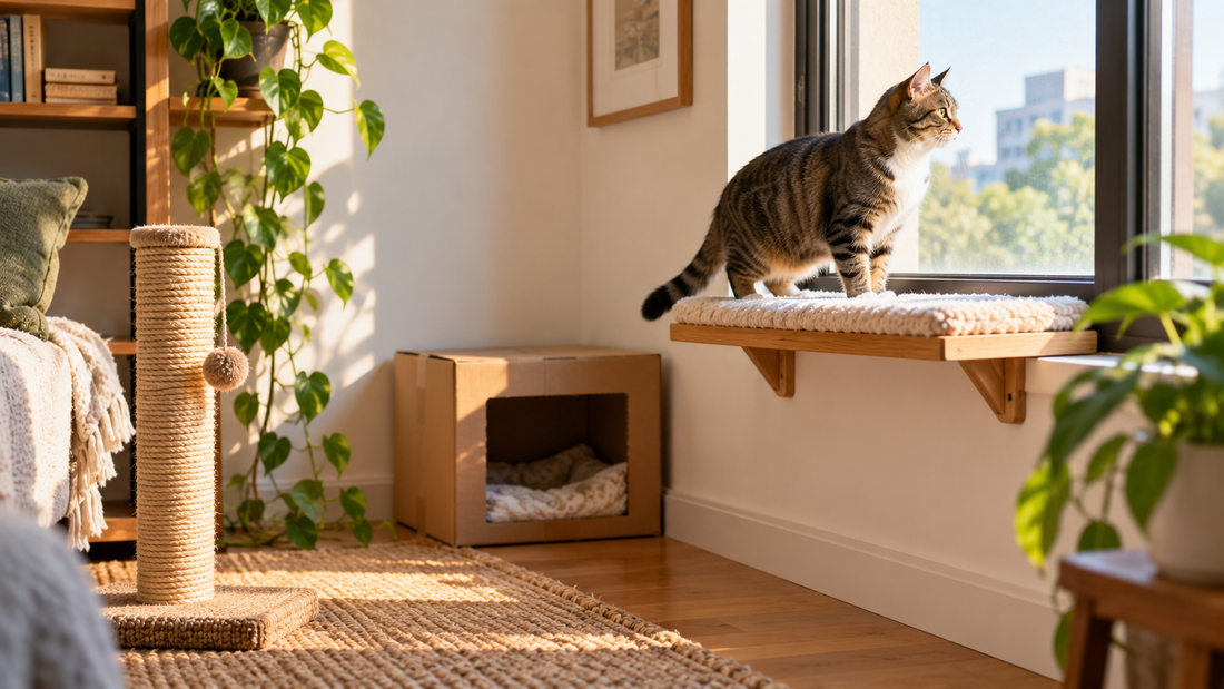 Indoor cat exploring a small-space enrichment setup with a perch, scratching area and hiding spot.