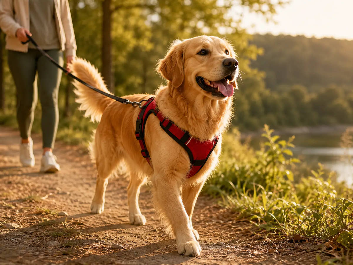 Golden retriever wearing a red safety harness on a lakeside trail