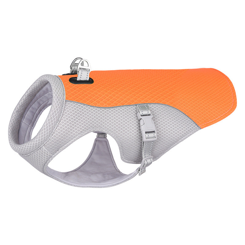 Orange and gray breathable dog cooling vest with adjustable straps and leash attachment
