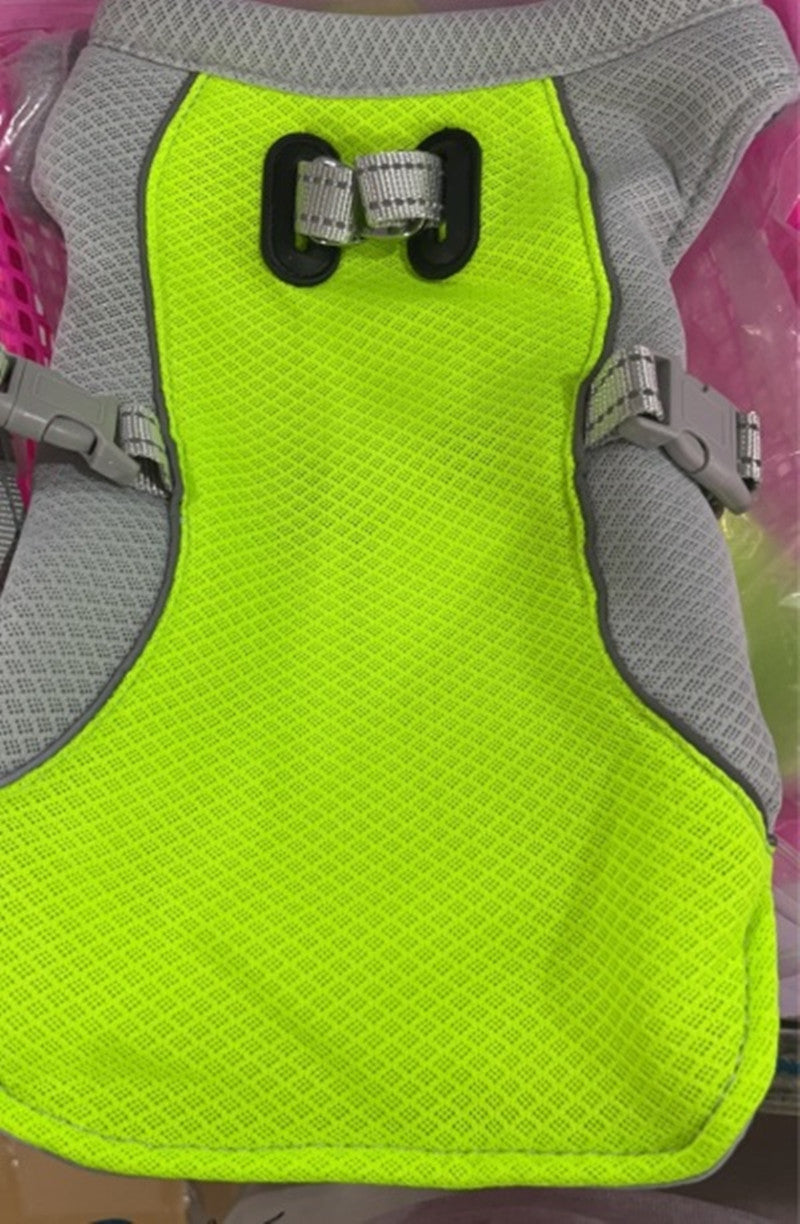 Green and gray breathable dog cooling vest with adjustable straps and leash attachment