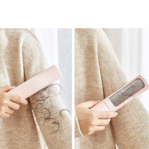 Pink reusable pet-hair remover lifting fur from a sweater