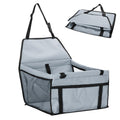 Grey foldable dog car booster seat shown open and folded