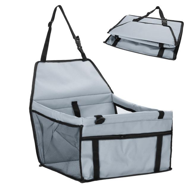 Grey foldable dog car booster seat shown open and folded