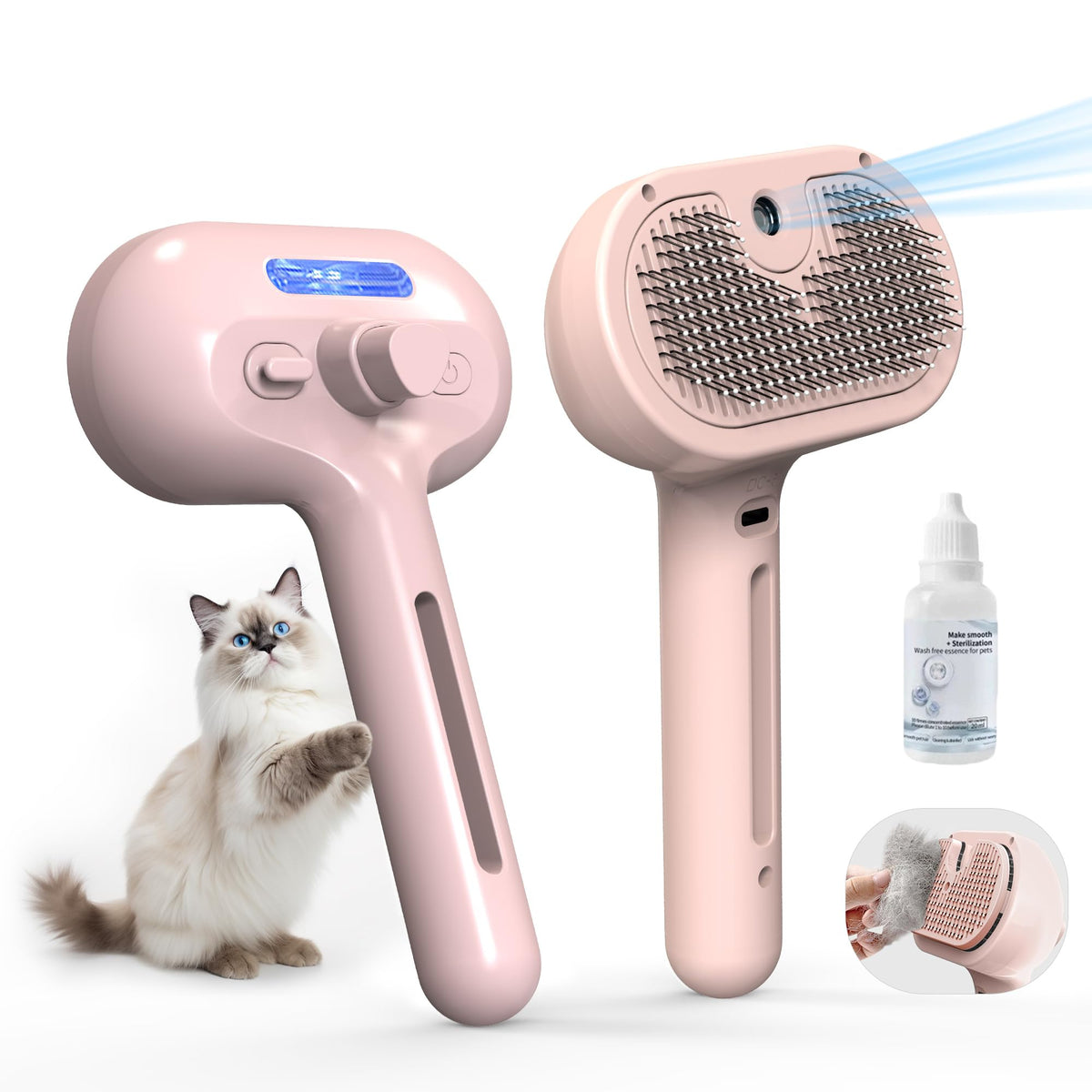 Pet grooming brush with stainless-steel bristles and cool mist