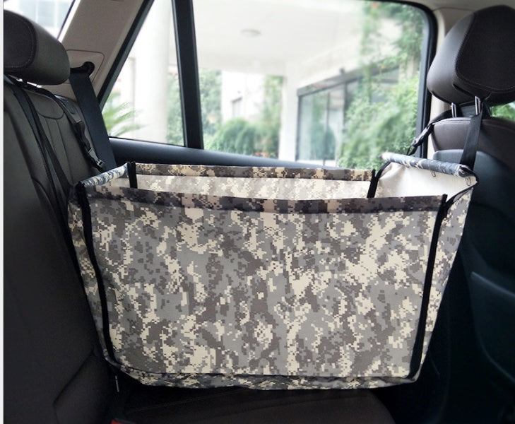 Camouflage waterproof dog car hammock installed on a vehicle back seat