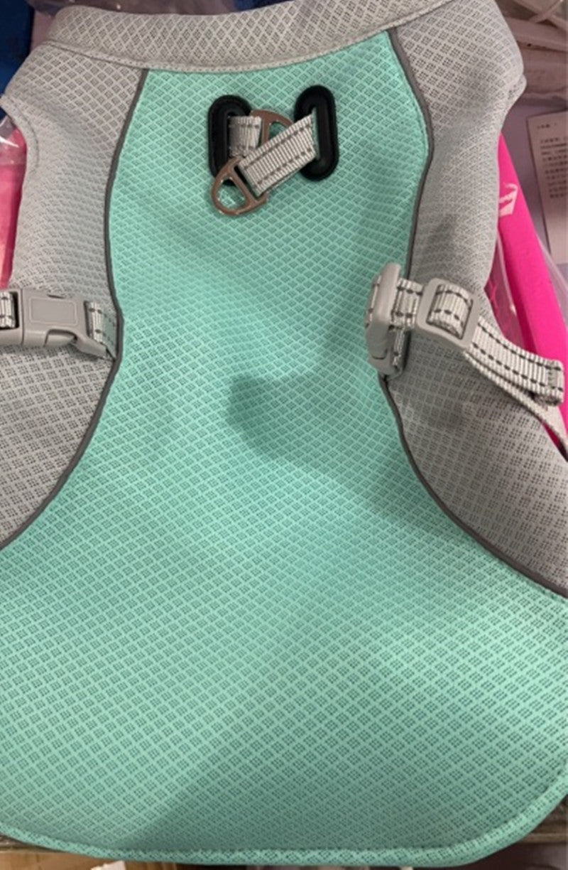 Close-up of mint green breathable dog cooling vest with adjustable buckles and leash attachment