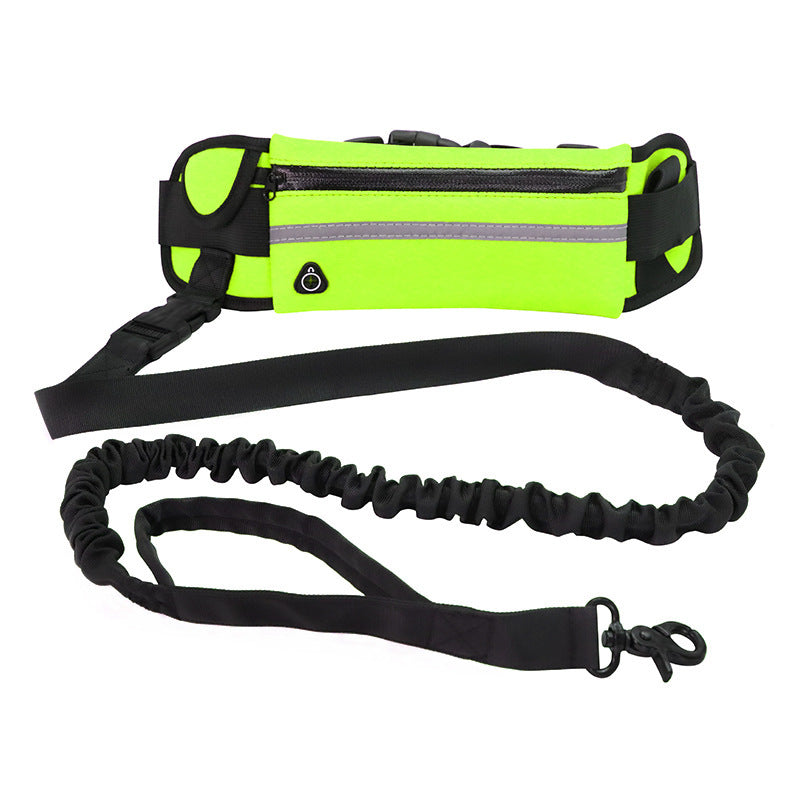Green hands-free dog walking belt with reflective storage pouch and shock-absorbing bungee leash