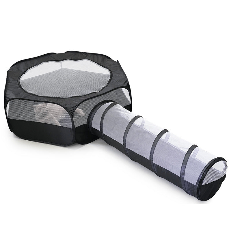 Cat inside 2-in-1 foldable tunnel and mesh play enclosure
