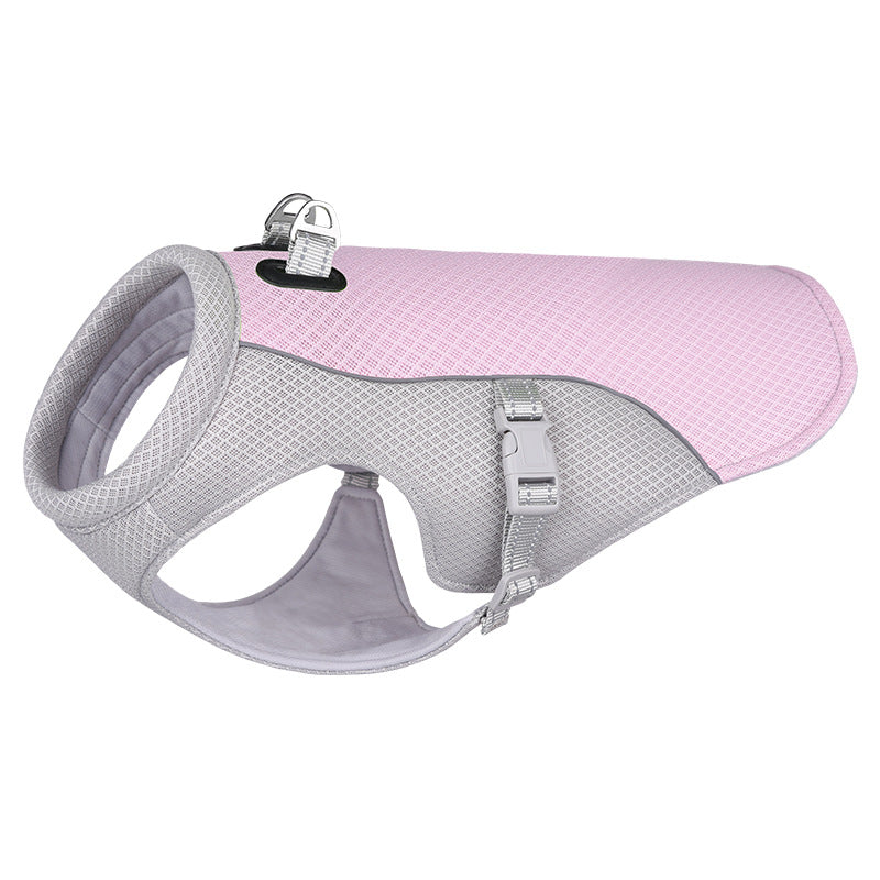 Pink and gray breathable dog cooling vest with adjustable straps and leash attachment