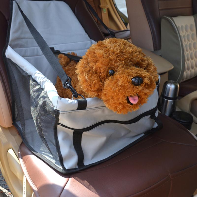 Small dog riding in the grey foldable car booster seat secured on a vehicle seat