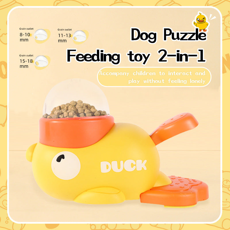 Interactive slow feeder that dispenses dry dog food