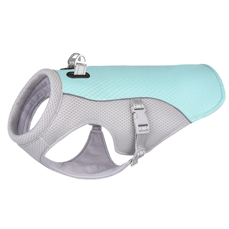 Blue and gray breathable dog cooling vest with adjustable straps and leash attachment