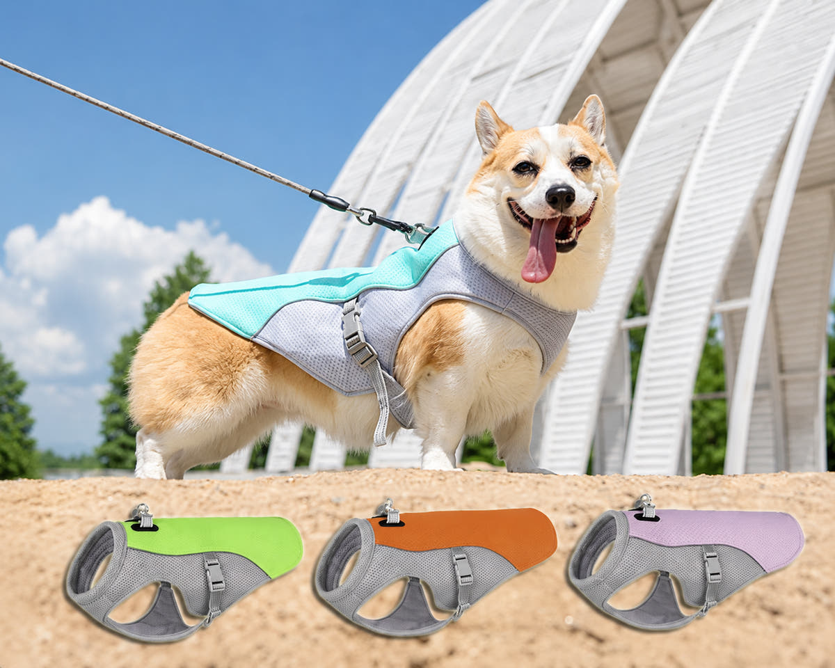Corgi wearing a breathable dog cooling vest outdoors with green, orange and lavender color options shown