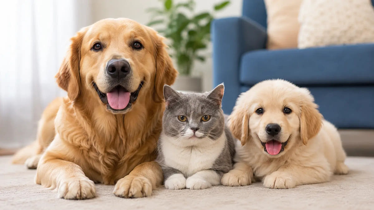 Golden retriever, gray-and-white cat and golden retriever puppy relaxing indoors