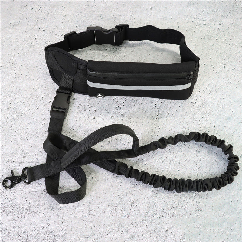 Hands-free dog walking belt with reflective storage pouch and bungee leash