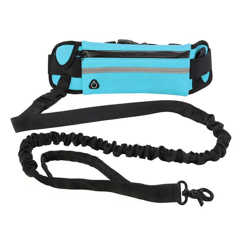 Blue hands-free dog walking belt with reflective storage pouch and shock-absorbing bungee leash