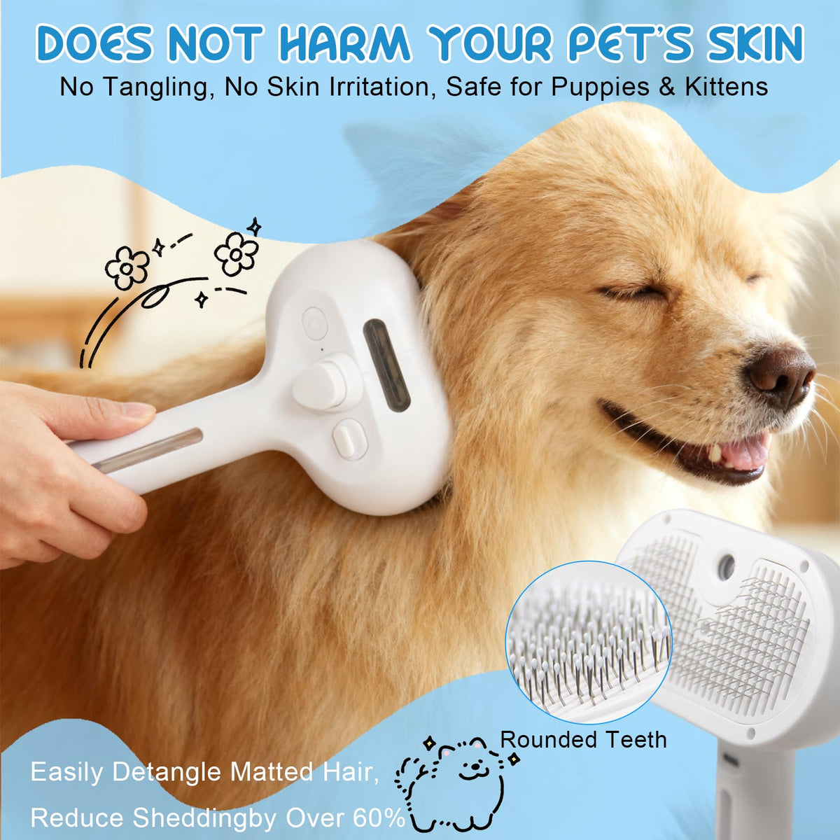 Cool-mist grooming brush for removing loose pet hair