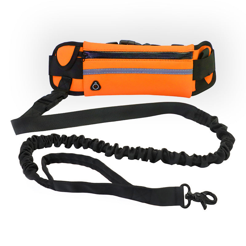 Orange hands-free dog walking belt with shock-absorbing bungee leash and storage pouch