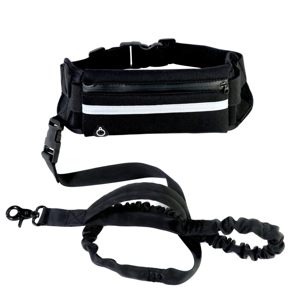 Black hands-free dog walking belt with reflective pouch and shock-absorbing bungee leash