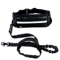 Black hands-free dog walking belt with reflective pouch and shock-absorbing bungee leash