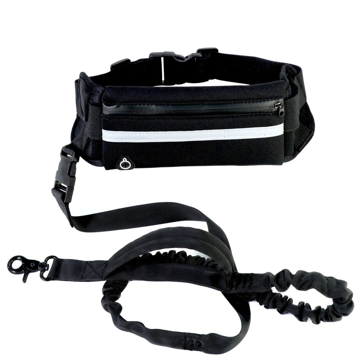 Black hands-free dog walking belt with reflective pouch and shock-absorbing bungee leash
