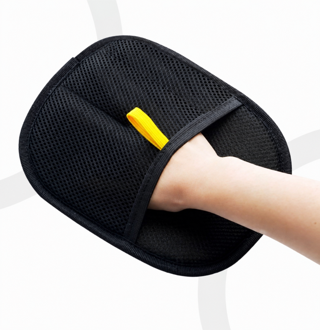 Dual-Sided Pet Grooming Glove — mesh glove in use