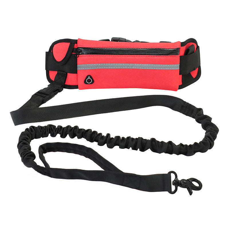 Red hands-free dog walking belt with reflective storage pouch and shock-absorbing bungee leash