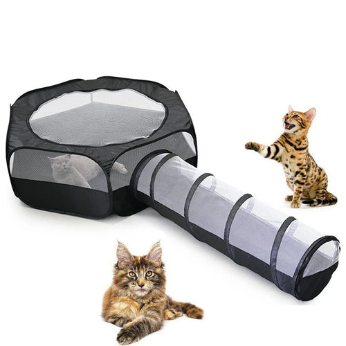 Foldable cat tunnel with mesh play enclosure for indoor cats