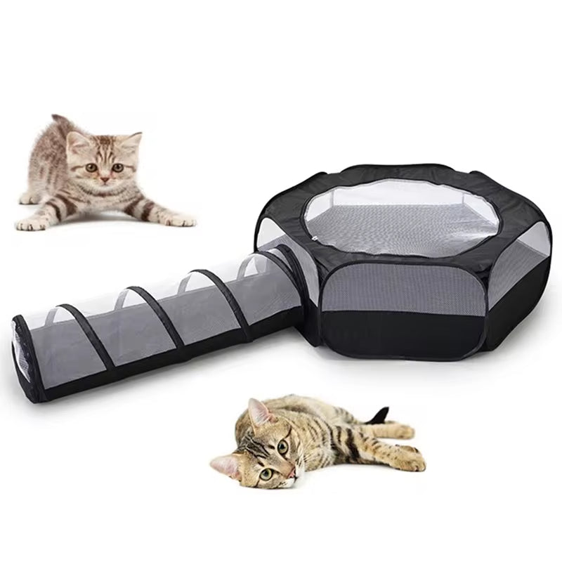 2-in-1 foldable cat tunnel and play bed with mesh enclosure