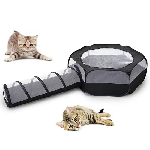 2-in-1 foldable cat tunnel and play bed with mesh enclosure
