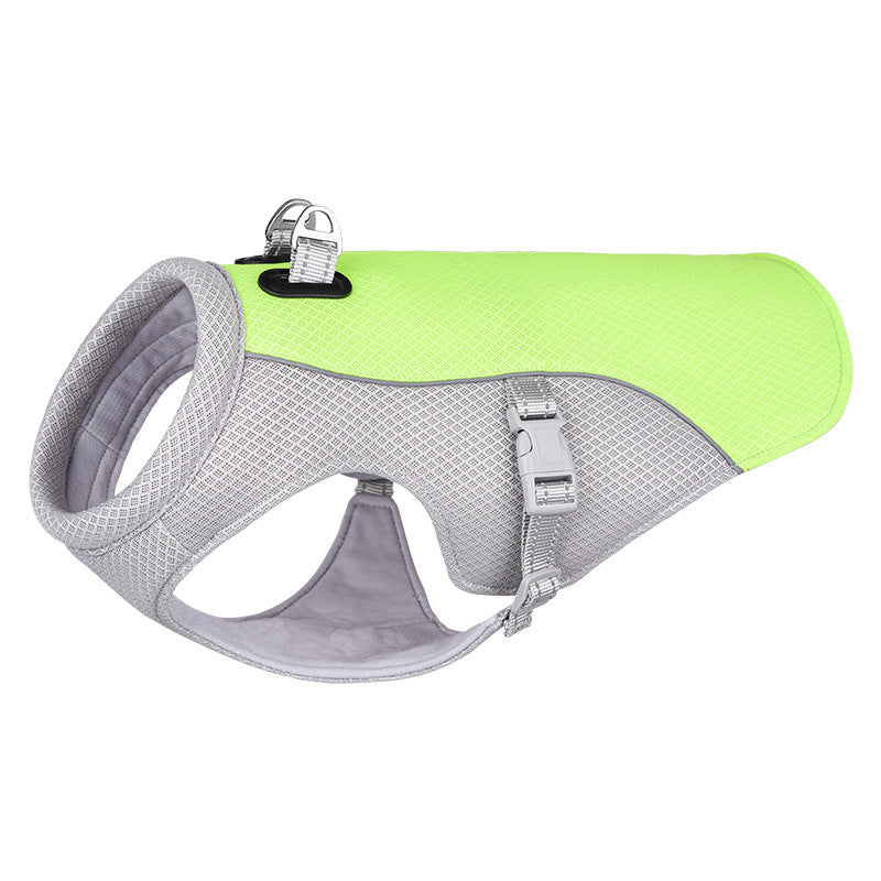 Green and gray breathable dog cooling vest with adjustable straps and leash attachment