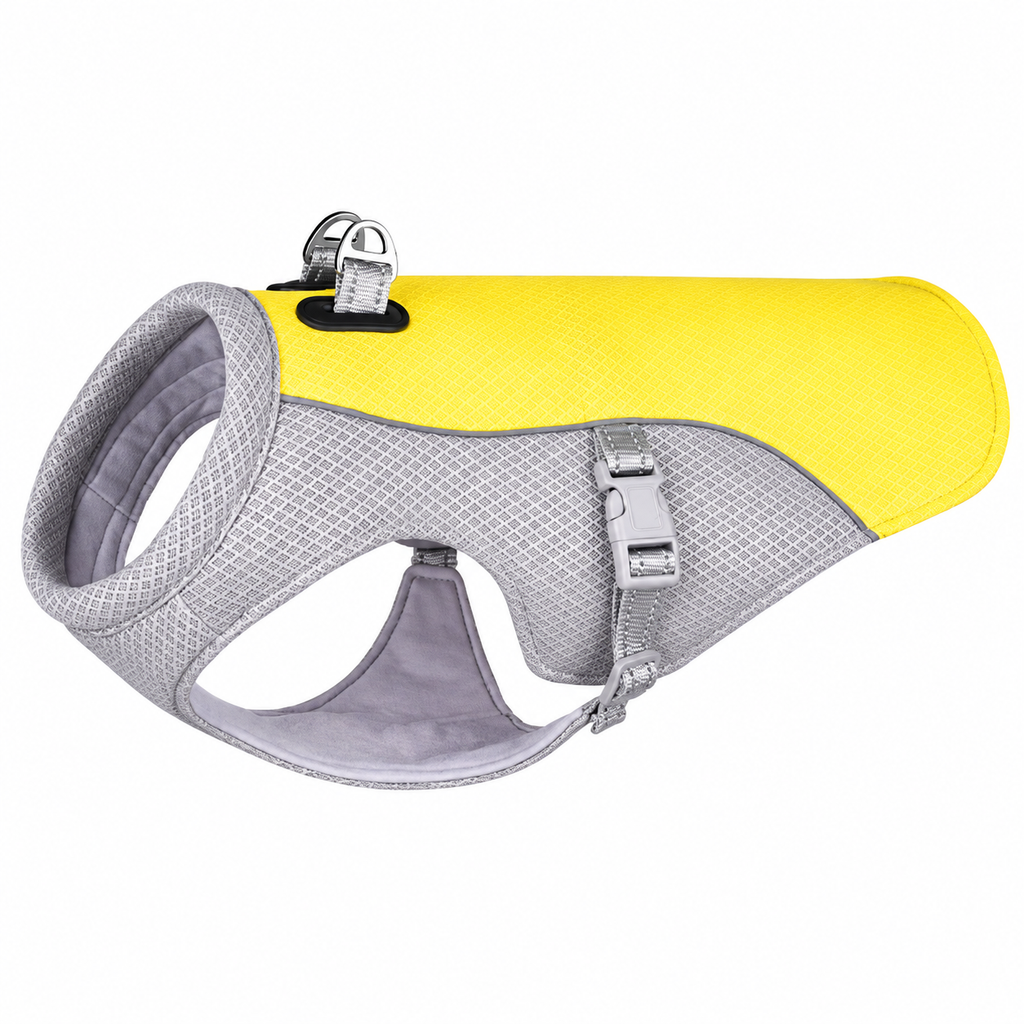 Yellow and gray evaporative dog cooling vest with adjustable buckles